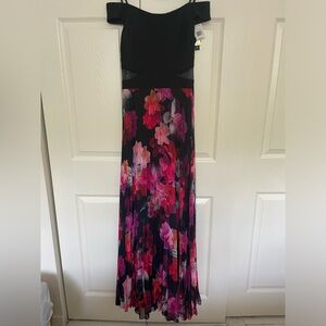 Long A line dress, black top with flower skirt. New, Size 4